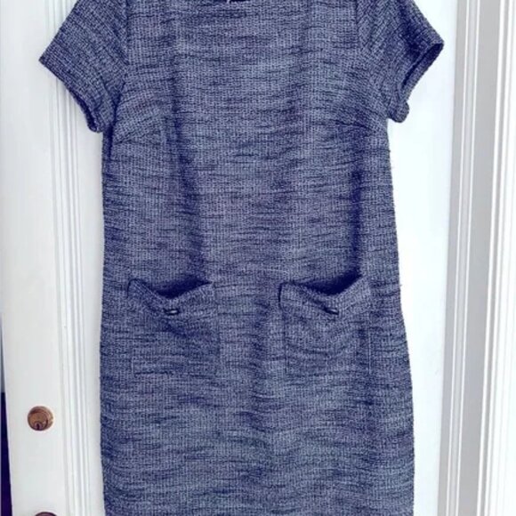 LOFT Women's Sz 12 Blue Multi Tweed Short Sleeve Sheath Dress Pockets EUC - Picture 2 of 6